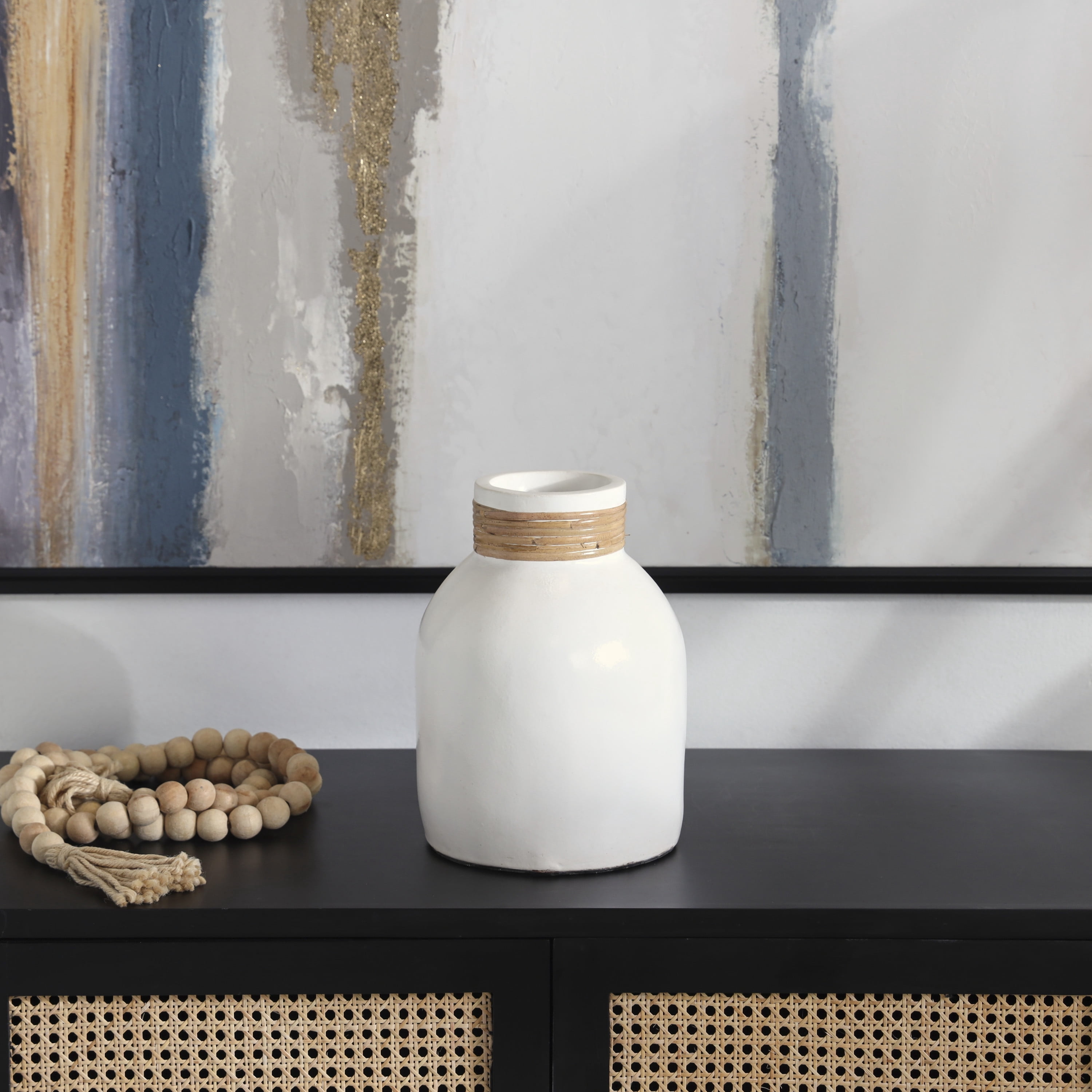 DecMode 11" White Ceramic Vase with Wrapped Rattan Detailing