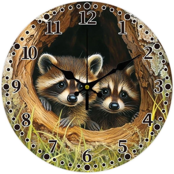 Raccoon Wall Clock 12 Inch Battery Operated Wall Clocks Tree Hole Non Ticking Silent Clock Decorative Clocks for DIY Living Room Office Bedroom Home Decor