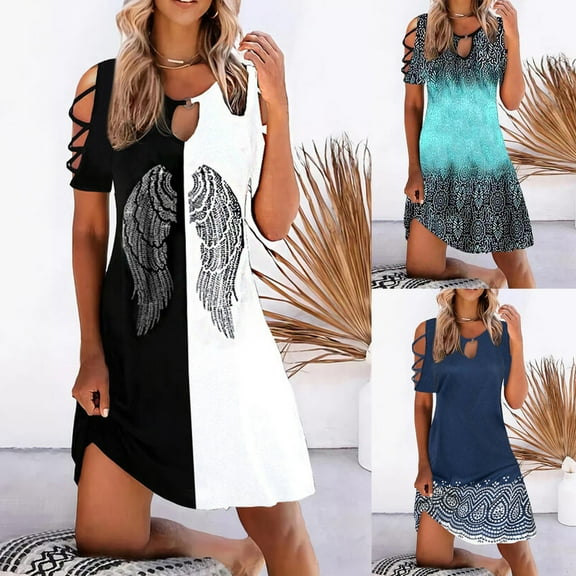 YANHAIGONG Cold Shoulder Dresses for Women Plus Size,Plus Size Beach Dresses for Women Casual Summer Sleeveless Floral Printed Tank Dress, Hollow Out V-Neck Loose Beach Short Mini Sundress