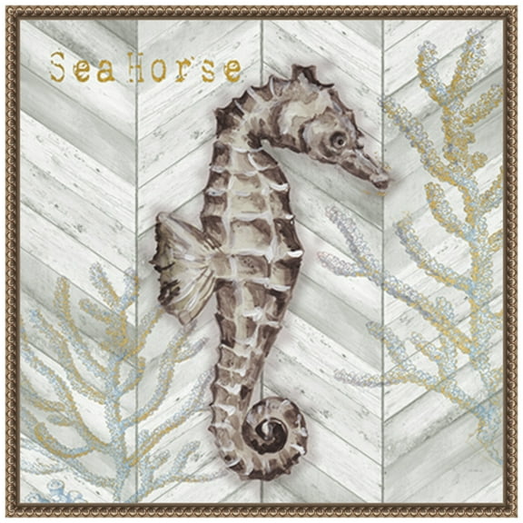 Amanti Art Gray Gold Chevron Seahorse Framed Canvas Wall Art Print