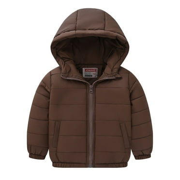 PINQI Unisex Toddler Winter Coat Hooded 2025 Fashion Solid Outwear Long Sleeve Zip Up Cropped Parkas with Pocket 1-10 Years(Coffee,4-5 Years)