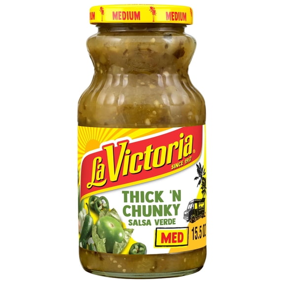 LA VICTORIA Thick 'N Chunky Salsa Verde, Medium, Shelf Stable, 15.5 oz Glass Jar