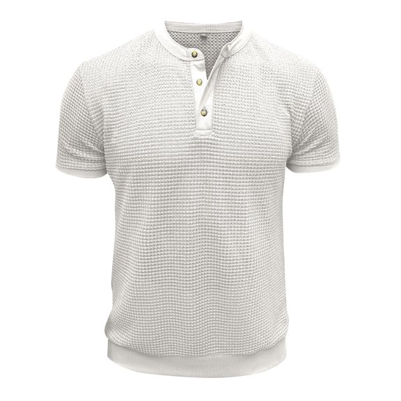 CIENVNSTG Comfortable Lightweight Basic Mens T-Shirts Waffle Knit Crew Neck 3 Button Solid Color Collarless Short Sleeve Breathable Casual Tops For Summer Daily Outfits White M