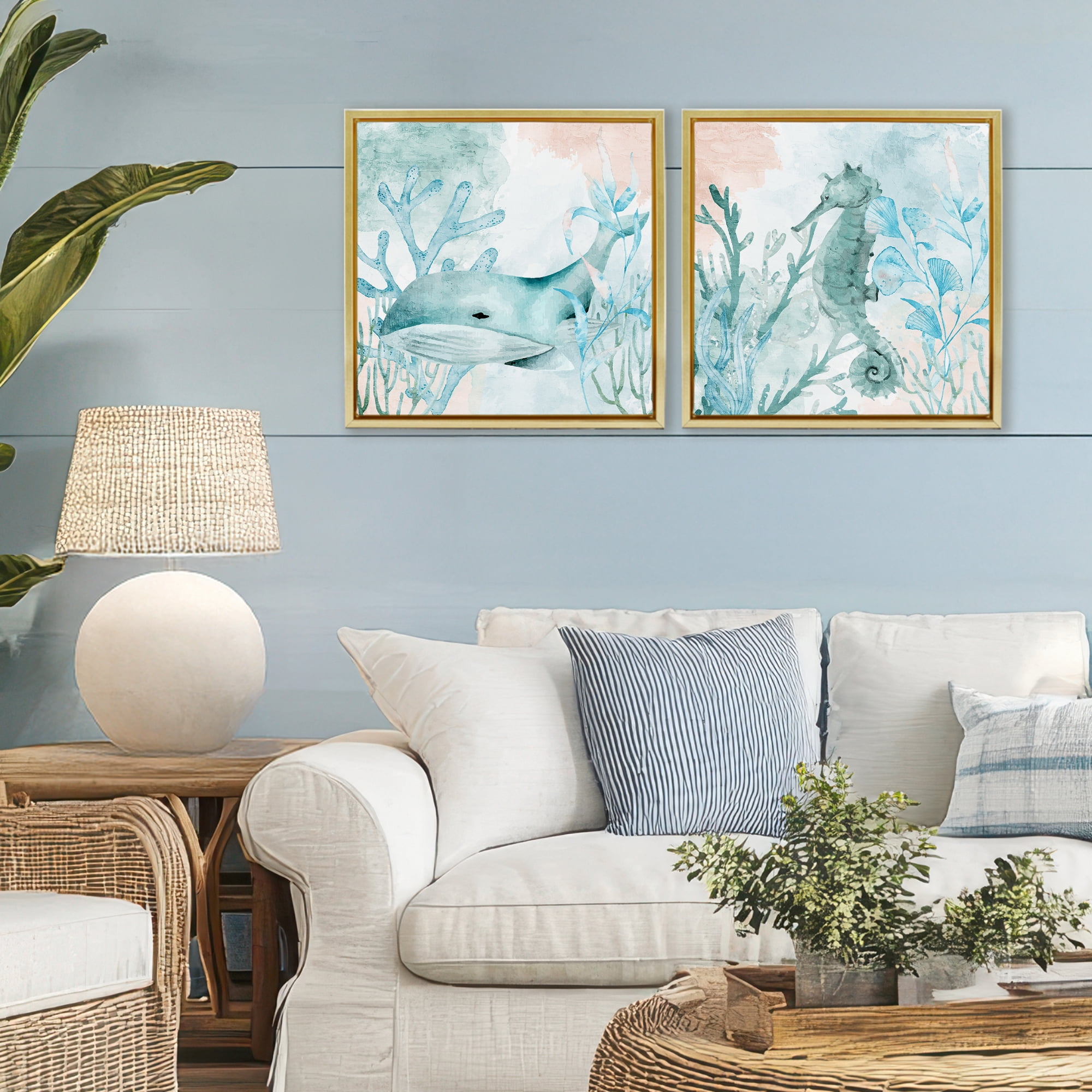 Stupell Industries Whale & Seahorse Sea Swim 2 Piece Gold Framed Floater Canvas Set, design by Kim Allen