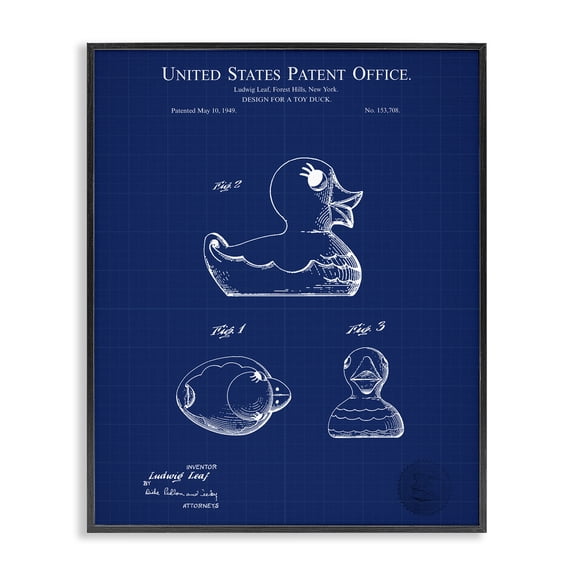 Stupell Industries Eclectic Toy Duck Blueprint Patent Black Framed Giclee Art, 11 x 14, by Karl Hronek