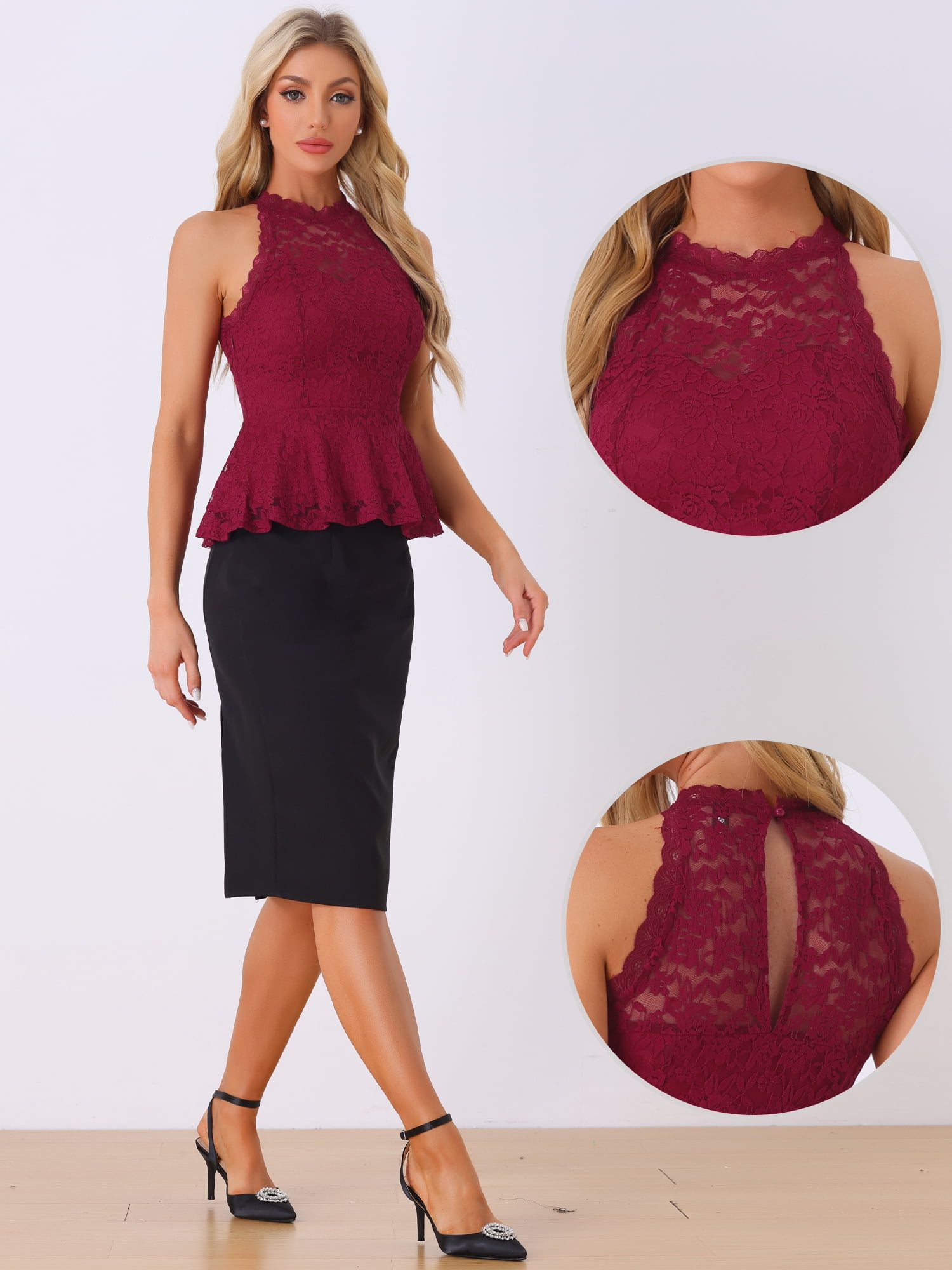 DARING DIVA Women's Elegant Sweetheart Neck Lace Peplum Tops S Burgundy