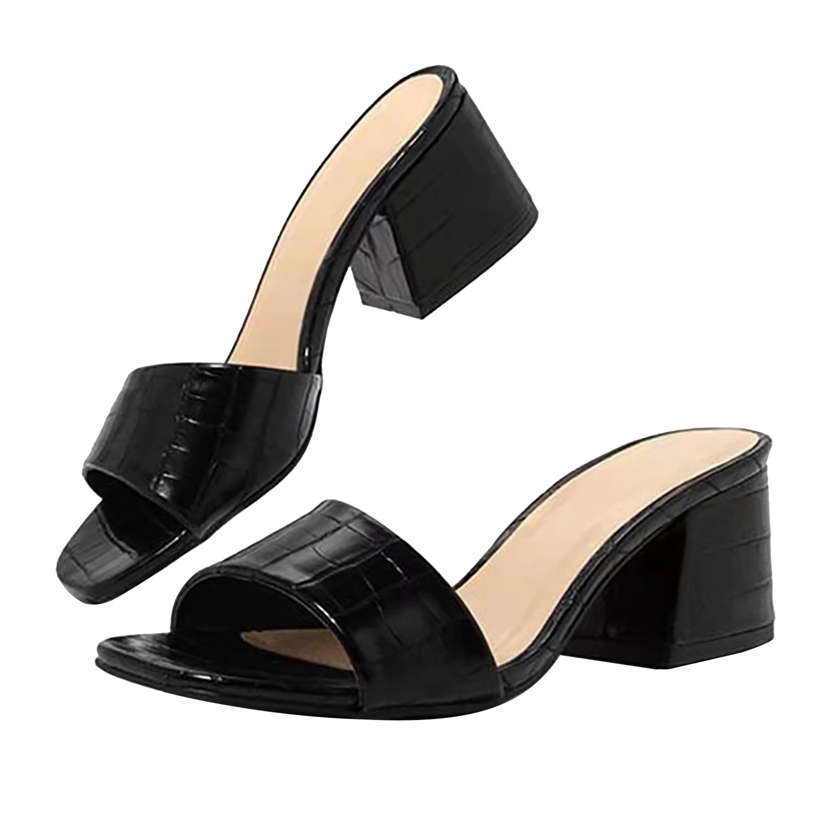 KIJBLAE Women's Square Toe Slip on Chunky Heel Faux Leather