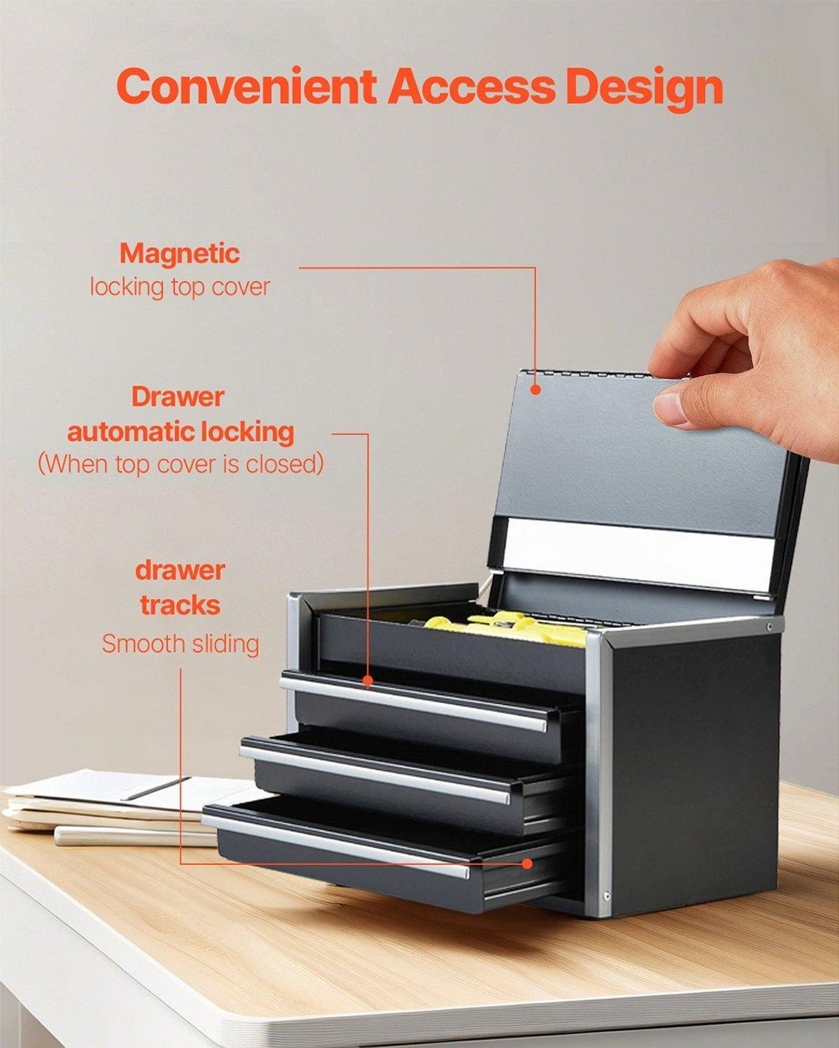 Steel Small Metal Tool Box 8.6 Inch Small Triple Drawer Type with Ball Bearing Slides Powder Coated Black with PP Floor Pads