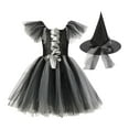 thumbnail image 2 of BRGZLK Girls Halloween Tulle Dress, Trendy Color Blocked Flutter Sleeves Cosplay Costume Set Witch Party Puffed Dress with Hat Black 3-4 Years, 2 of 3