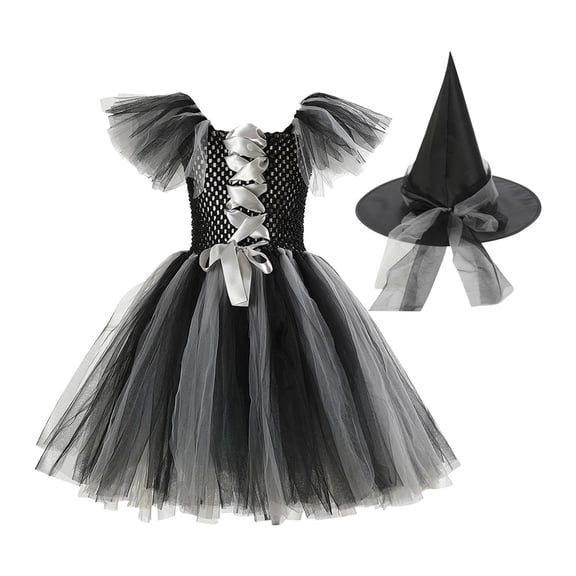 Girls Colorblock Tutu Dress for Halloween with Witch Hat Kids Witch Costume Dress Up Dresses Set