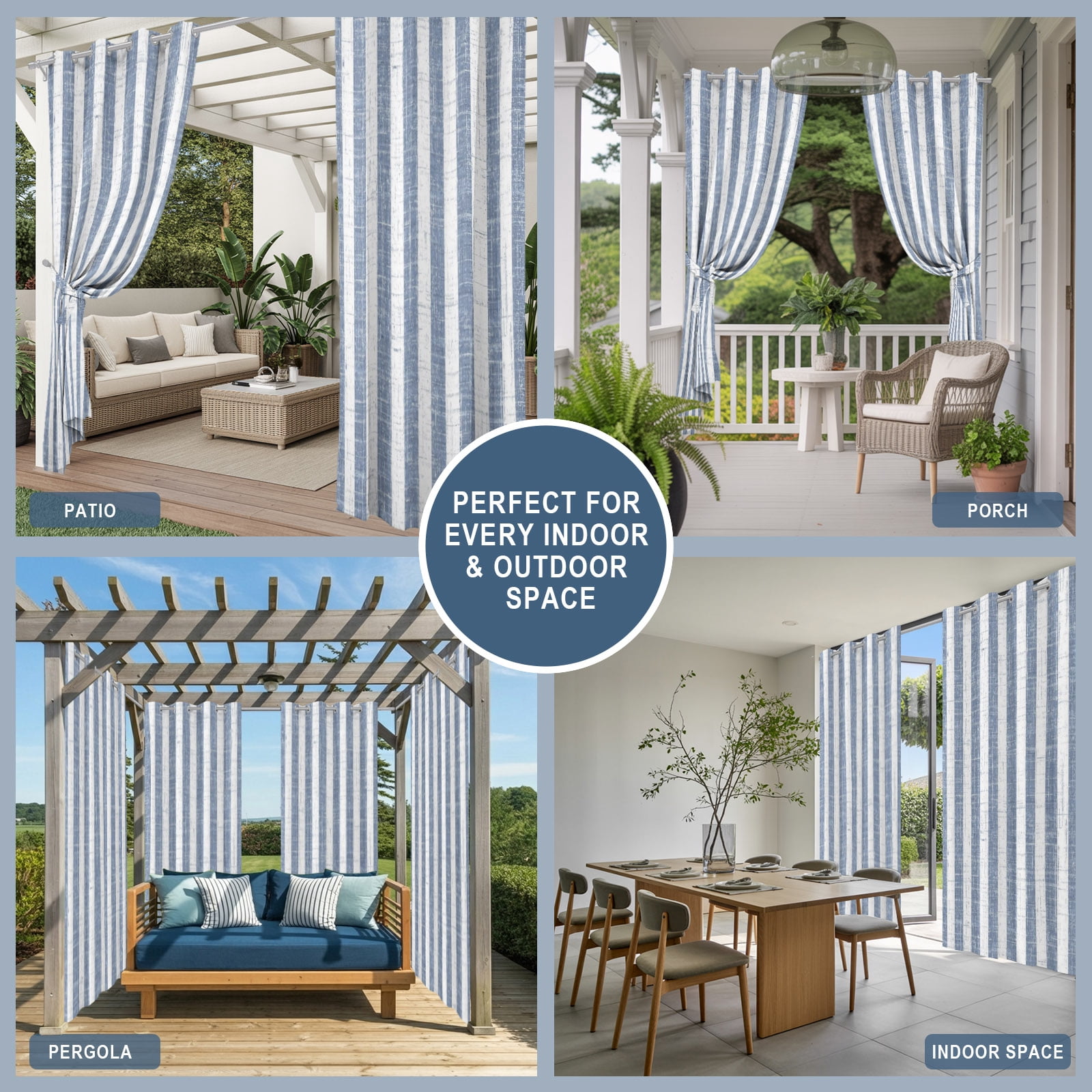 Blue Stripes Outdoor Curtains for Patio, Modern Abstract Linens Farmhouse Sunshade Privacy Drapes Grommet Waterproof Outside Curtains for Porch/Cabana/Balcony 54"x 108", 1 Panel