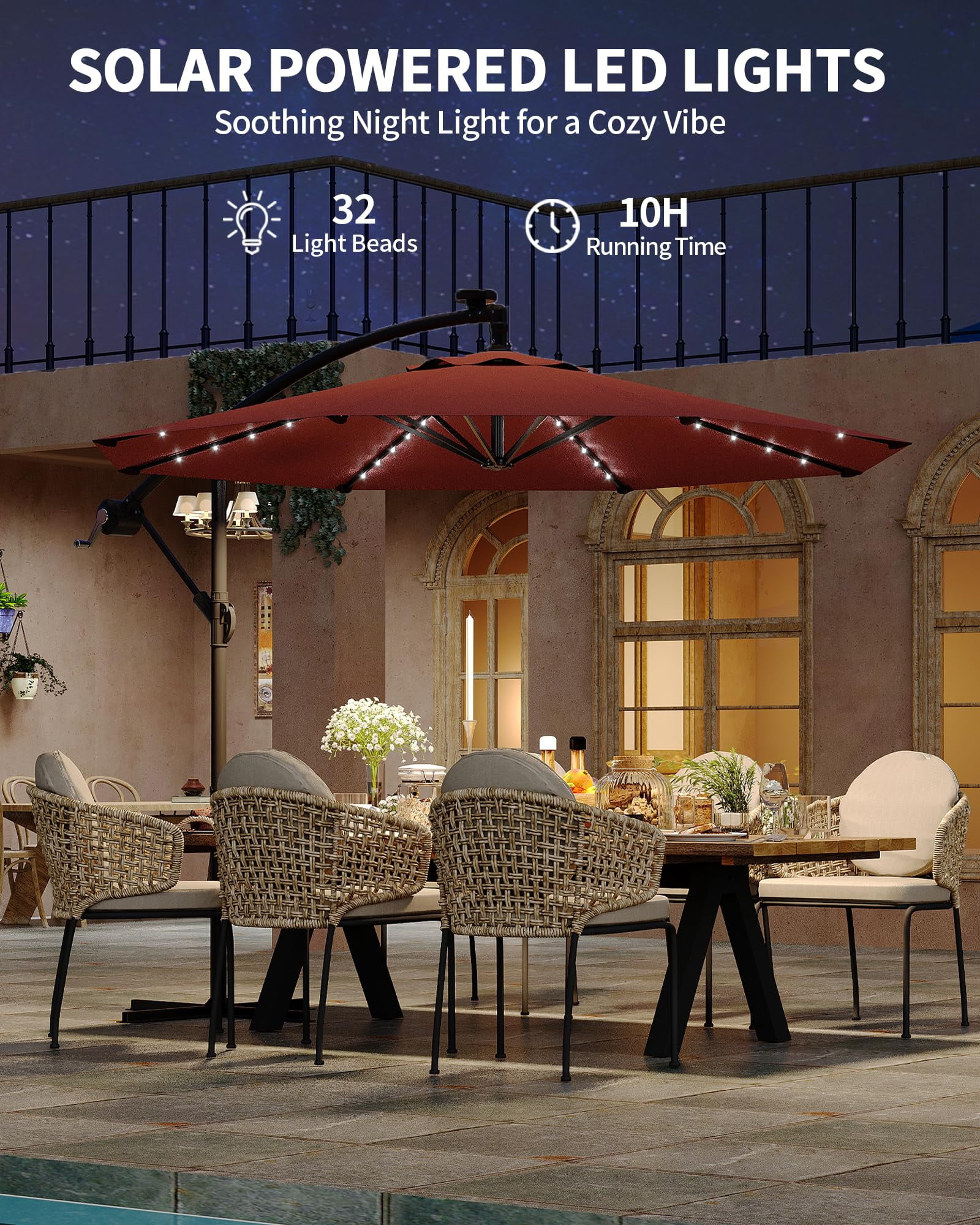 10ft Solar LED Offset Hanging Market Patio Umbrella for Backyard, Poolside, Lawn and Garden w/Easy Tilt Adjustment, UV Protection, Sturdy 8 Ribs - with 32 LED Lights