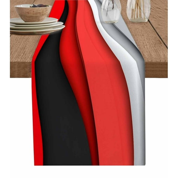 Table Runner Dresser Scarves 70 Inch Long,Abstract Red Black Grey Gradient Linen Dining Table Runners Water Ripple Stripe Art Tabletop Scarf for Wedding Holiday Party Kitchen