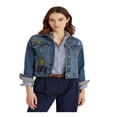 thumbnail image 1 of RALPH LAUREN Womens Blue Pocketed Distressed Patchwork Boxy Button Up Denim Jacket M, 1 of 3