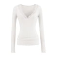 thumbnail image 5 of Stichou Long Sleeve Shirts for Women Lace V Neck Rib Knit Slim Fit Basic Tee Tops Casual T-Shirt Going Out Spring Fall Outfits White S, 5 of 5