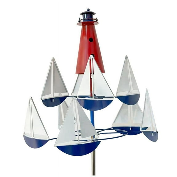 Art Wind Sculpture, Lighthouse Sailboat Windmills, Nautical Wind Sculpture Metal Decor for Yard, Wind Spinner,1 x wind spinner,As shown