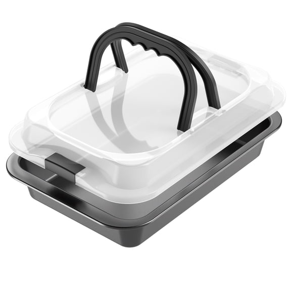 GPED Non-Stick Baking Pan with Lid and Handle, 10 x 15 Inch Non-Stick Rectangular Cake Pan with Wide Handle, Bakeware Baking Pan Cake Pan Carrier for Brownie Roasting Cooking Baking, Gray