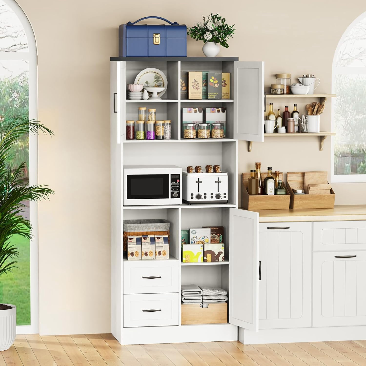 Frmobepts 68" Tall Kitchen Pantry with LED Lights, Free-standing Wood Storage Cabinet with Farmhouse Barn Doors for Dining Room, White