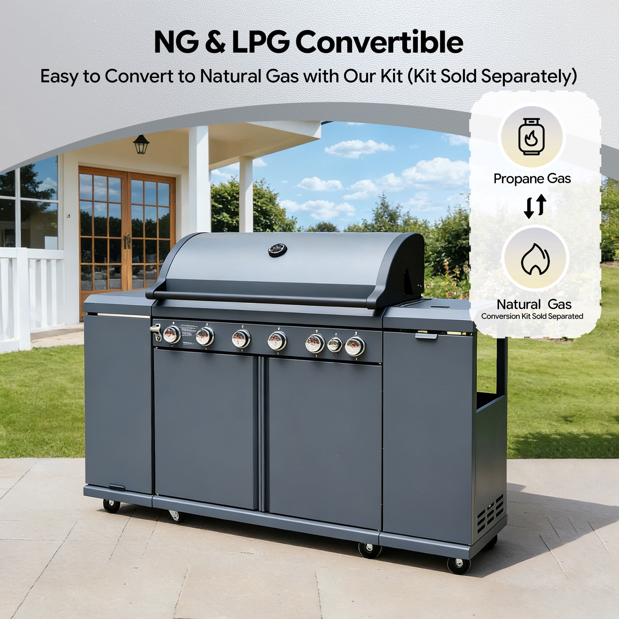 Brand Man 6-Burner Outdoor Gas Kitchen Grill Island with Side Burner, BBQ Station with Storage Cabinets and Fold-out Prep Table, LPG/NG Convertible