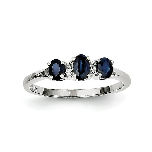 Solid 925 Sterling Silver 3 Oval Simulated Sapphire & Diamond Ring (2mm) -  Size 8