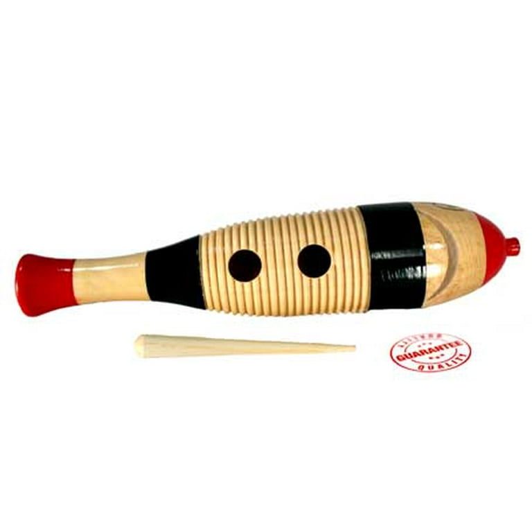 Wooden instrument with stick and ridges outlet