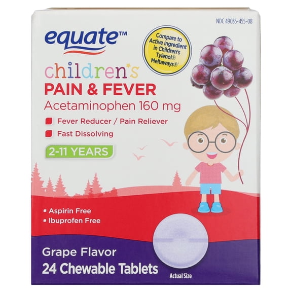 Equate Children's Pain & Fever Relief Acetaminophen Chewable Tablets, 160 mg, Grape Flavor, Ages 2 to 11 Years, 24 Count, Compare to Children's Tylenol® Active Ingredient