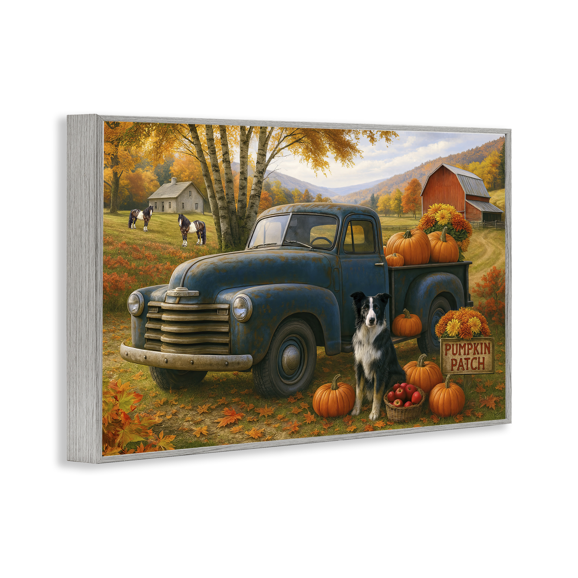 Autumnal Farmland Collie Dog Gray Framed Giclee Art, design by Tom Crehan