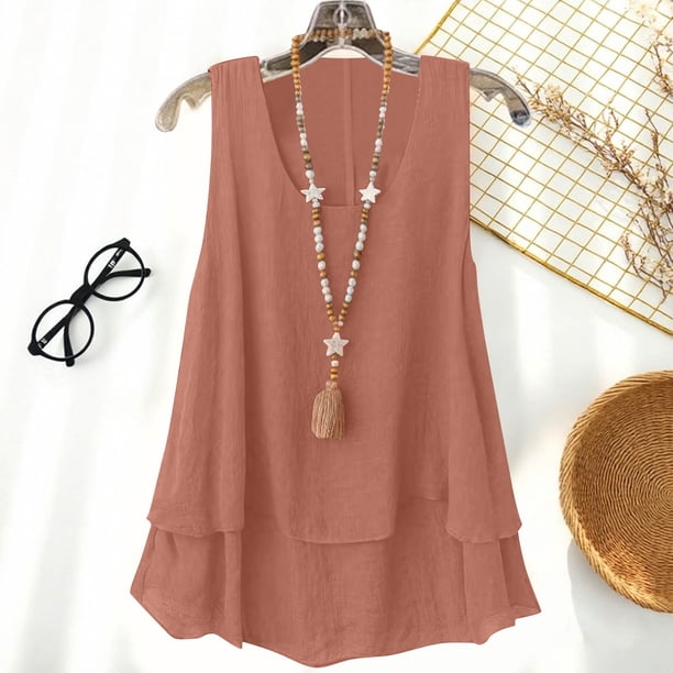 TaTaai Linen Style Double Layer Top, Women's Sleeveless Strappy Design, Solid Color Casual T-Shirt for Warm Weather Gift