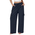 thumbnail image 2 of Cagogo Women's Drawstring Cargo Pants Wide Leg With Pockets Casual Loose Long Lounge Party Trousers Summer Travel Beachwear Clothes, Navy M, 2 of 7