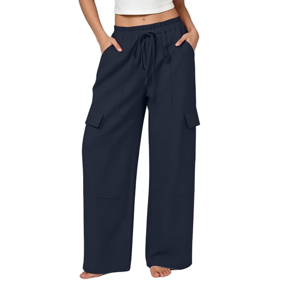 Women's Cotton Cargo Pants High Waisted Drawstring Wide Leg Trendy Casual Baggy Pants with Pockets 2026