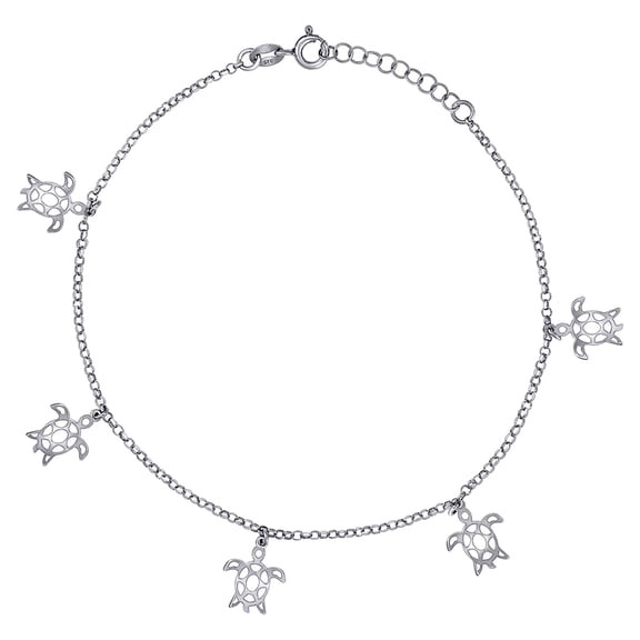 925 Sterling Silver Womens Ocean Life Turtle Charms Anklet 10 Inch Anklet for Women - 2.5 Grams