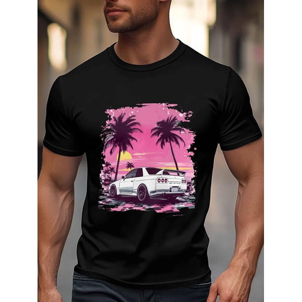 Men's T-Shirt,Short Sleeve Tee Shirt Casual Tops White Car Palm Trees Crew Neck T Shirts for Men
