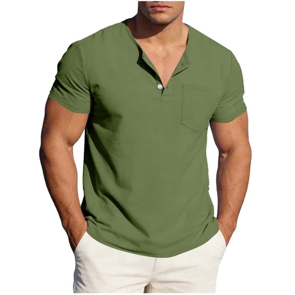 Rvwovn Men's Cotton Linen Henley Shirt - Short Sleeve Slim Muscle Fit Casual Top with Pocket (S-4XL)