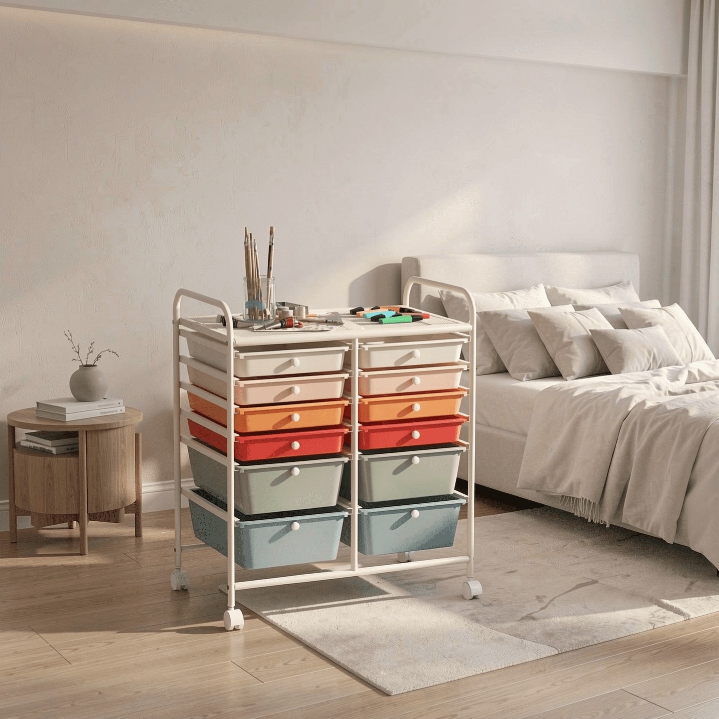 Furnibear 12 Drawer Rolling Storage Cart Studio Organizer Metal Utility Cart on Wheels with Removable Drawers and Lockable Wheels for Home Office Craft Room and Classroom, Deep Multicolor