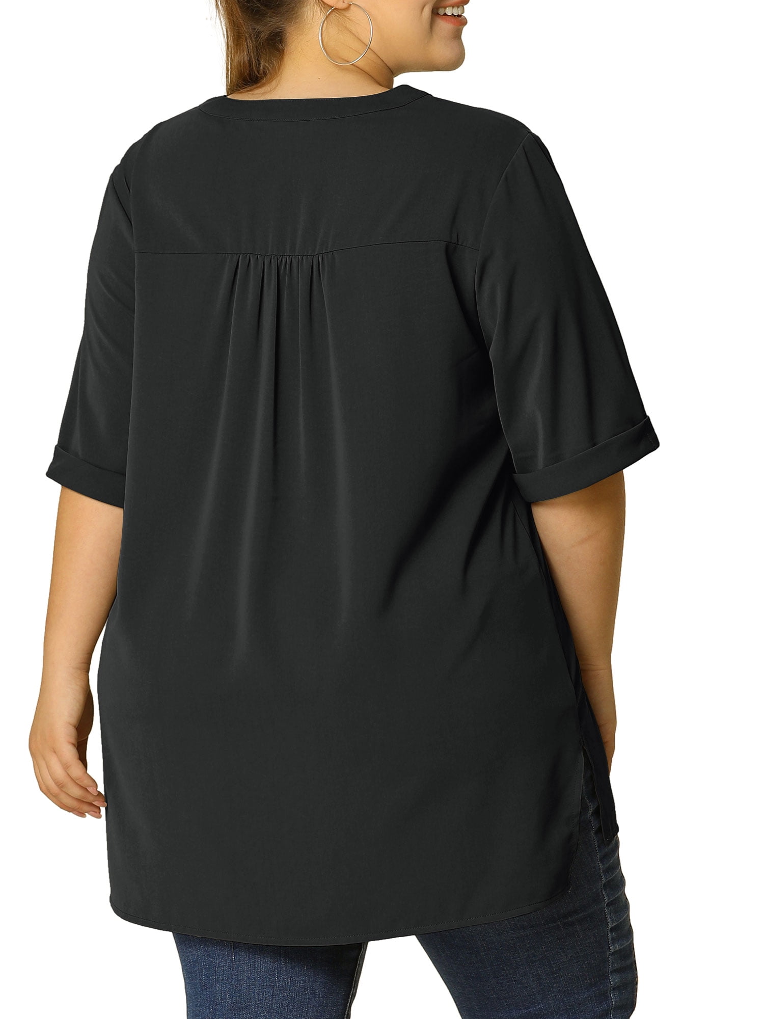 Unique Bargains Women's Plus Dip Hem Blouse V Neck Short Sleeve Tunic Top
