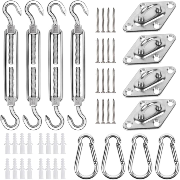 Sunshade Sails Hardware Kit, Heavy Duty Sun Shade Sail Accessories, 24' Long Stainless Steel Wire Awning Attachment Tightener Set for Rectangle Deck Cover D