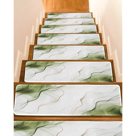 Stair Treads for Wooden Steps,Marble Sage Green Peel and Stick Stair Treads with Adhesive,Gold White Modern Gradient Ocean Wavy Non Slip Indoor Stairs Runner Rugs Mats for Elders Dogs 8"x30" 10PCS