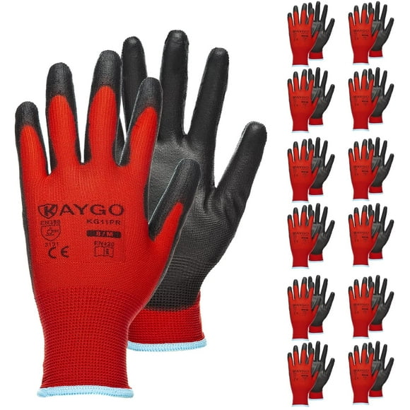 Safety Work Gloves PU Coated-12 Pairs,AmPm KG11PB, Seamless Knit Glove with Polyurethane Coated Smooth Grip on Palm & Fingers, for Men and Women, Ideal for General Duty Work (L, Black)