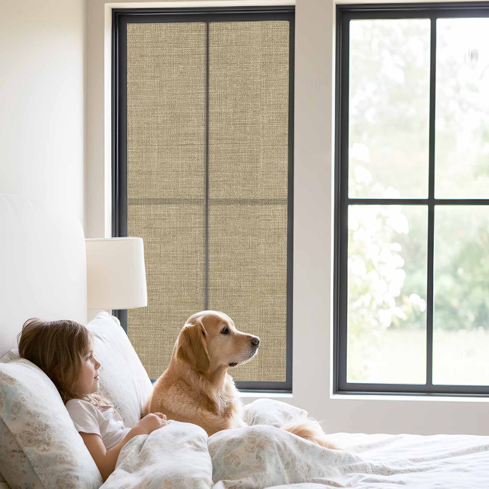 Static Cling Door Window Covering, Beige Window Privacy Film Frosted, Farmhouse Burlap Solid Brown Color Modern Linen Texture UV Blocking Windows Film for Office, Hotel, Bedroom, 29.5 x 78.7 Inches