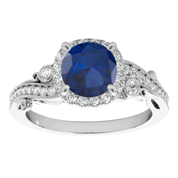 Aonejewelry 1.50 Carat Round Shape Created Sapphire In Center and White Diamond On Side Engagement Ring Women Crafted In 10K Solid Rose White Yellow Gold