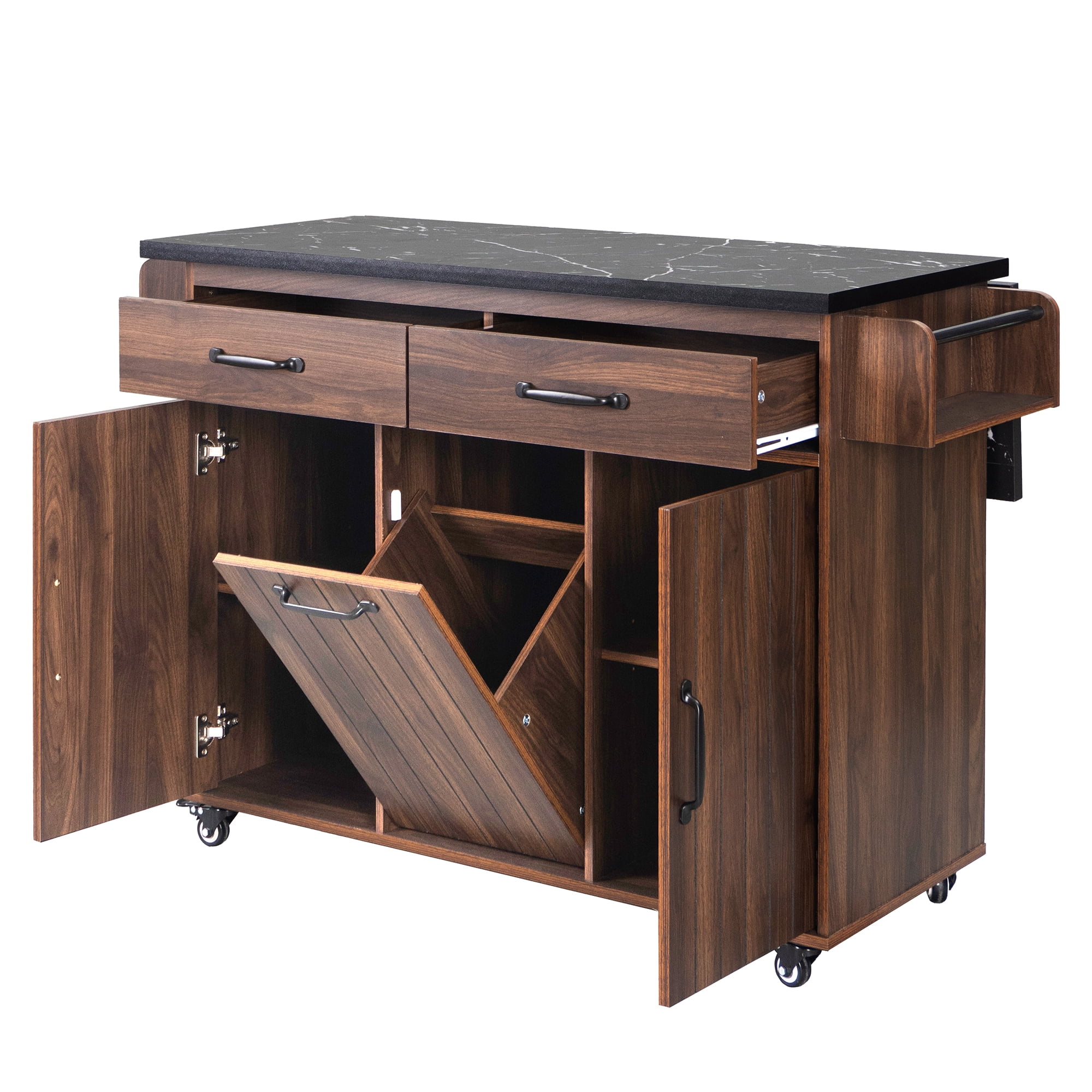EUROCO 500LBS Rolling Kitchen Island with 15 Gallon Storage Trash Can,Kitchen Cart Island with Drop Leaf,Tilt Out Kitchen Trash Cabinet with Spice Rack, Adjustable Shelf and Drawers,Brown