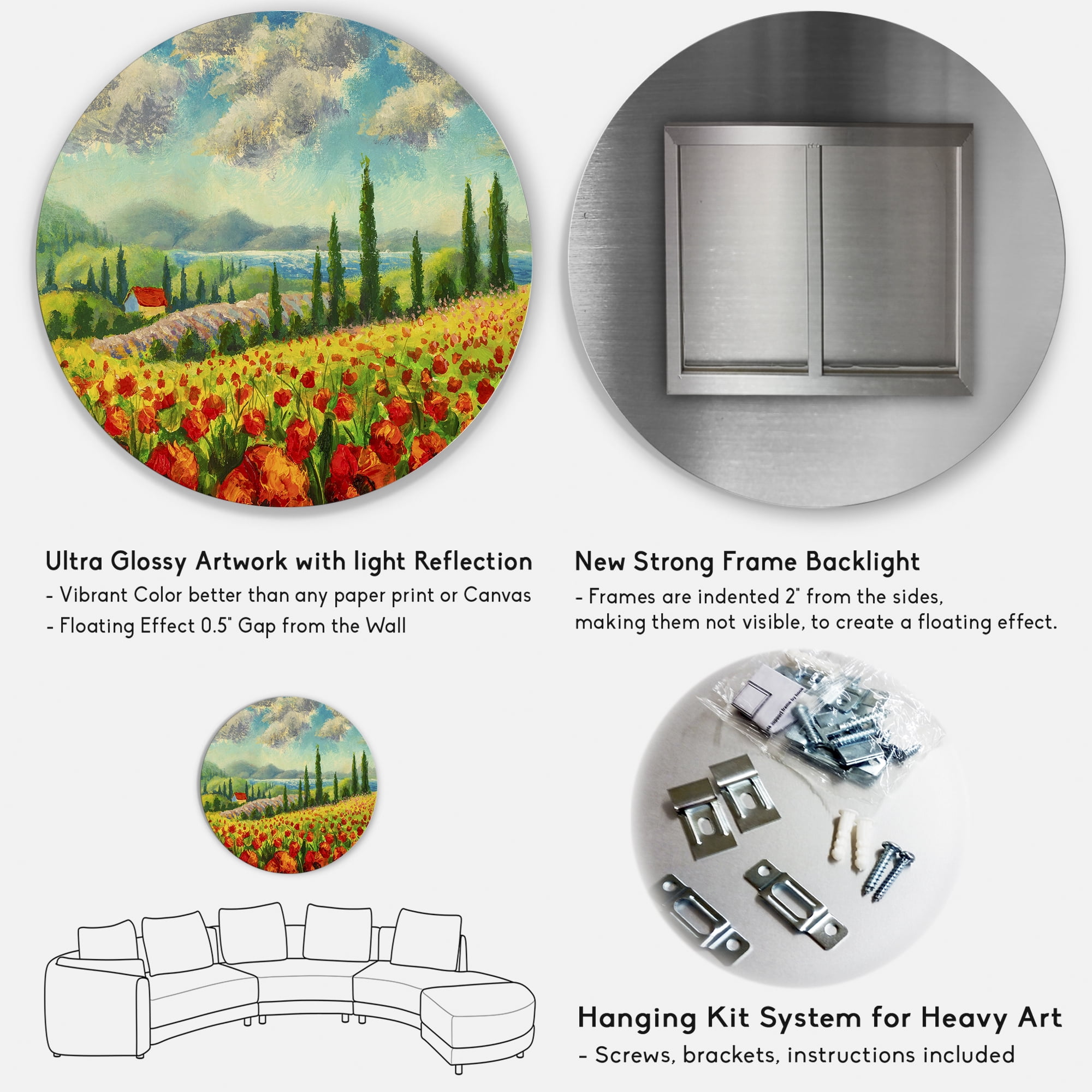 Designart 'Beautiful Landscape With Poppies Flowers By Riverside' Traditional Circle Metal Wall Art 29x29 - Disc of 29