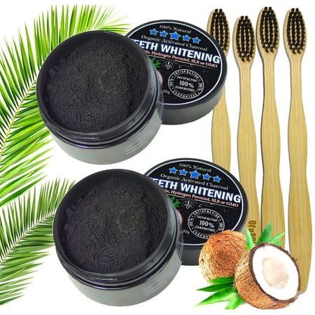 2pc Charcoal Teeth Whitening Powder, Natural Activated Charcoal Coconut Shells + 4 Bamboo Toothbrushes - Safe Effective Tooth Whitener Solution