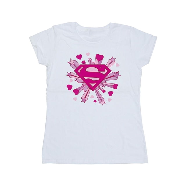 DC Comics T-Shirt en Coton pour Femmes Superman Logo Cœurs et Étoiles Roses