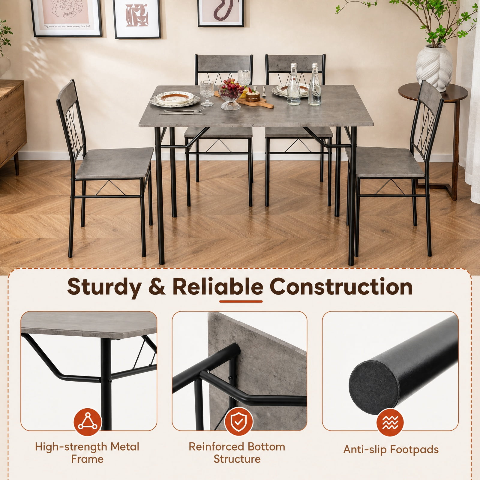 Furnibear 5 Piece Dining Table Set for 4 with Kitchen Table and Metal Frame Dining Chairs for Small Apartment Dining Room, Gray