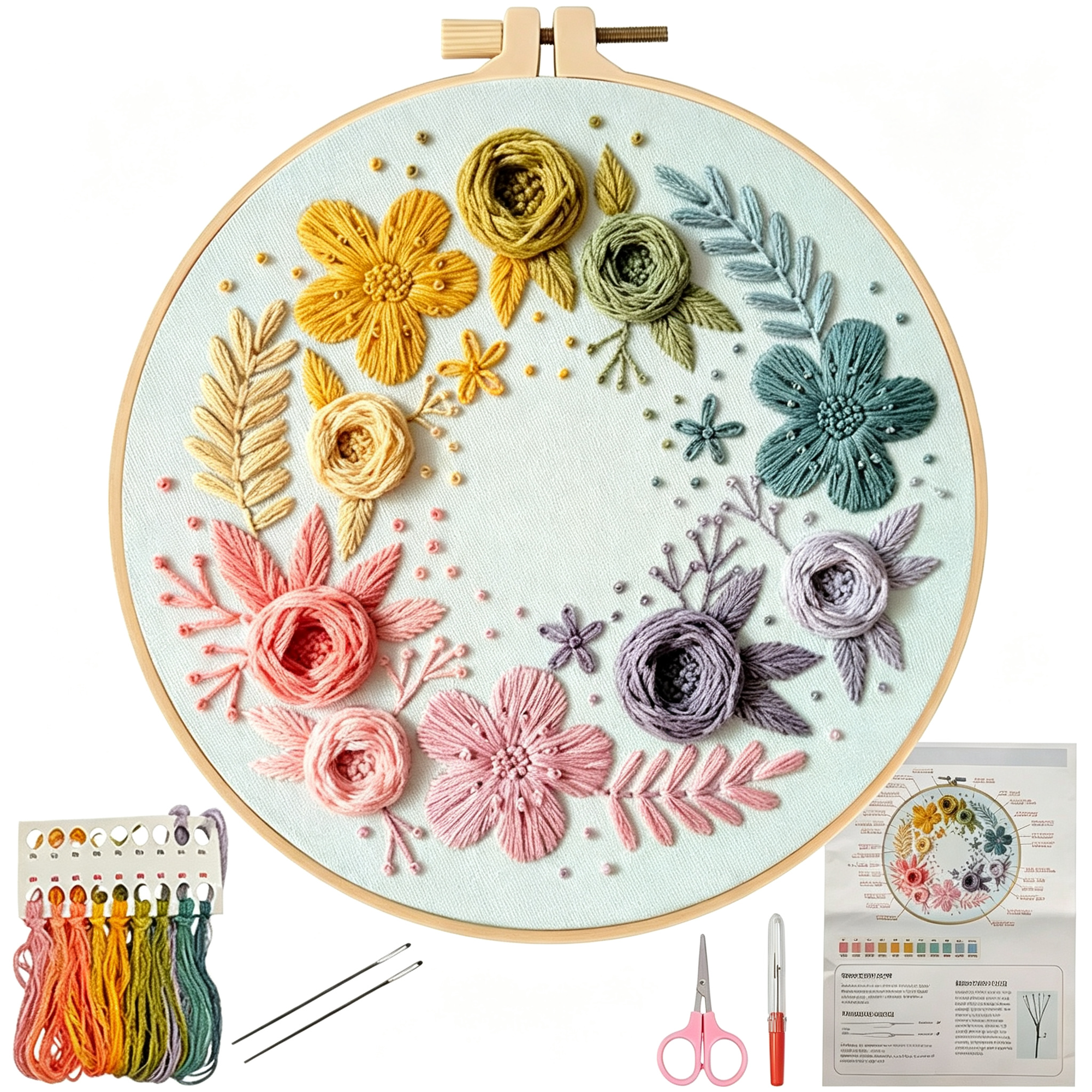 BESTSKY Embroidery Kit for Beginners with Floral Garden Pattern – Easy Embroidery Kit Includes Stamped Fabric 22 Stitches Guide Cotton Thread Hoop Needles&Scissors – Craft Set