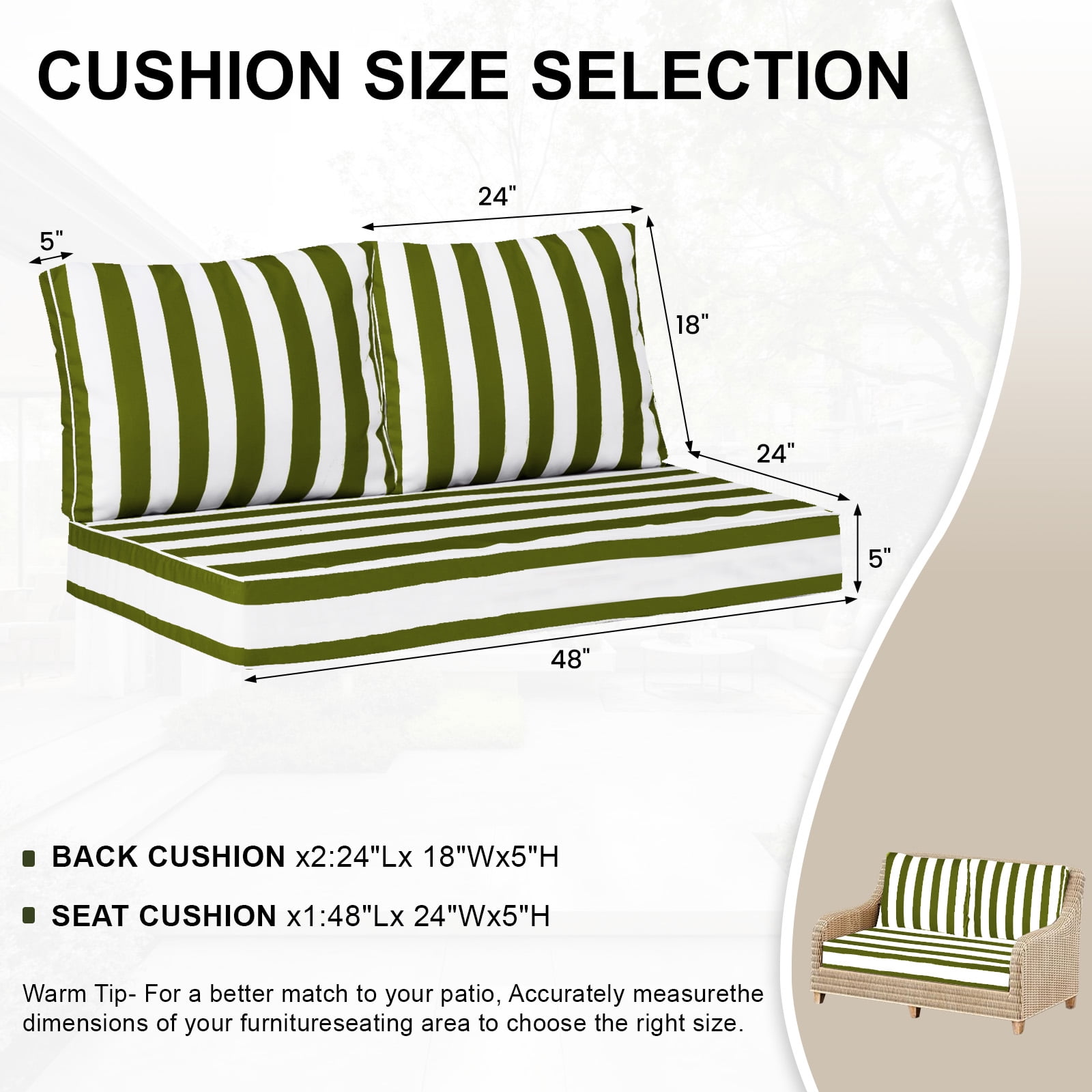 Outdoor Loveseat Cushion Set, Water Repellent Patio Furniture Cushions Replacement, 48 x 24 inch