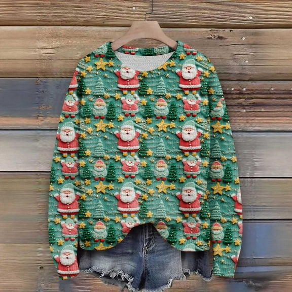 Resicozy Ugly Christmas Sweater Women Funny Pattern Trendy Cute Xmas Holiday Sweaters Oversized Crewneck Knit Pullover Tops Green S