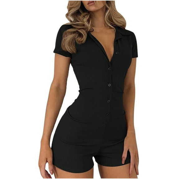 REALiKUN Womens Button Up Bodycon Romper Shorts Short Sleeve Collared Sexy One Piece