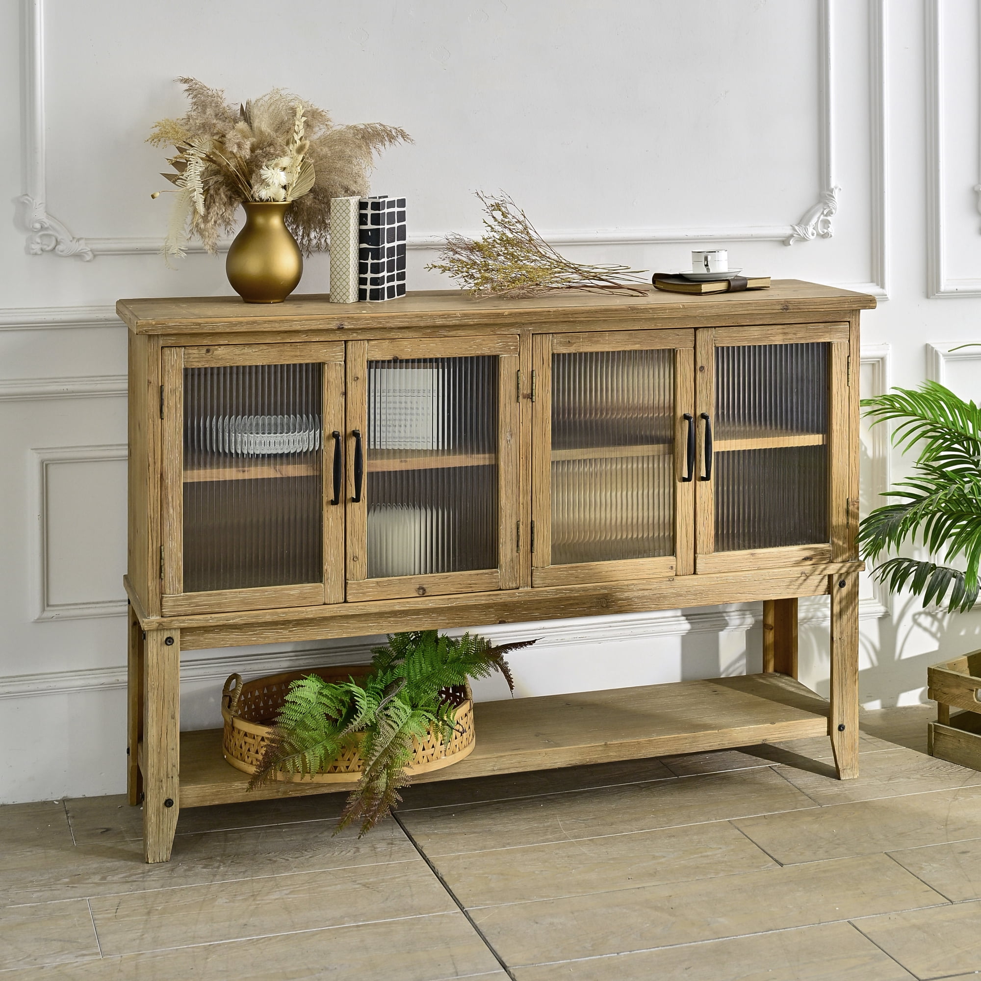 Leumius 59.06" Rectangle Sideboard with Storage Shelf, Accent Glass Door Wooden Rustic Cabinet for Kitchen, Dining Room, Living Room Natural